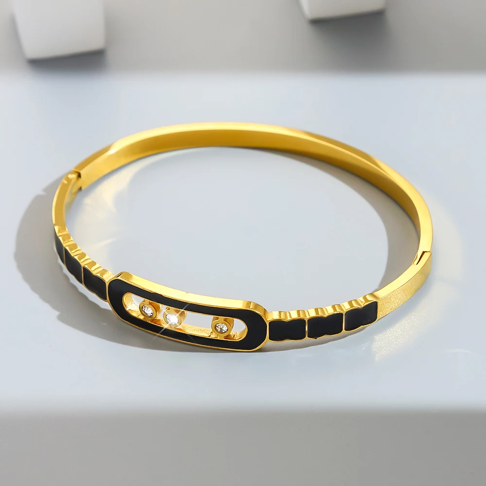 

1PC Stainless Steel Cuff Bracelet Bangle for Women, Black Drip Oil Zircon Hollow Series, Exquisite Jewelry Accessory Gif