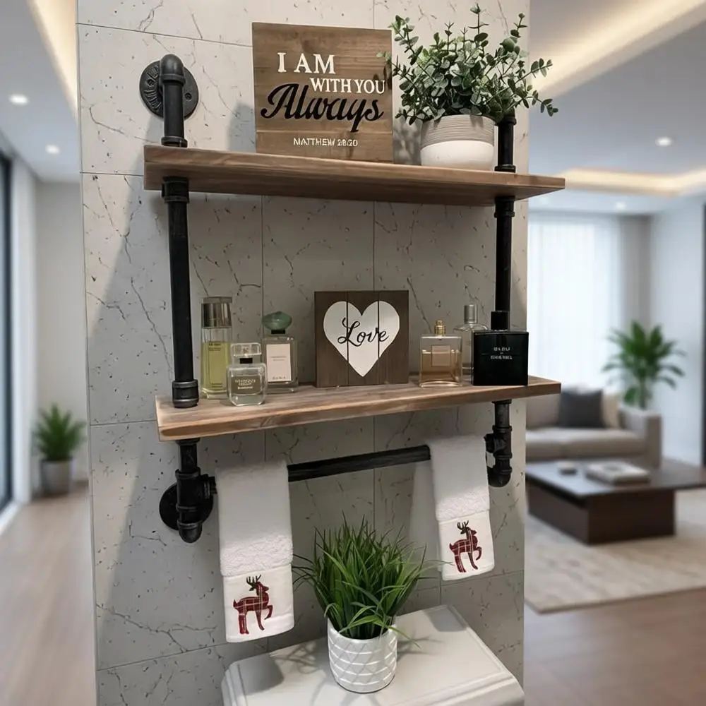 

Rustic Wooden 2-Tier Pipe Shelving with Towel Bar, Over-the-Toilet Storage, Retro Grey