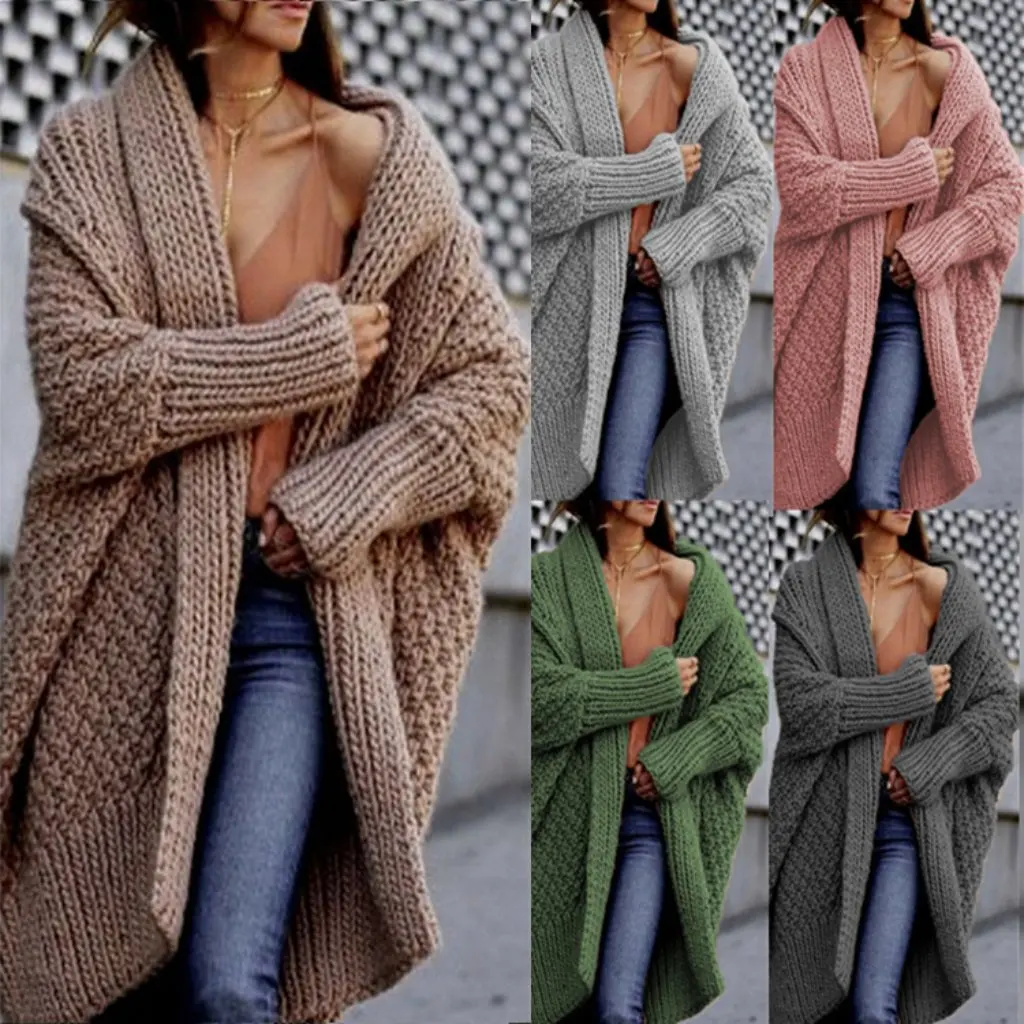 

Autumn Winter Pure Color Long Knitwear Cardigan Loose Fit European American Style Large Size Open-Shirt for Women