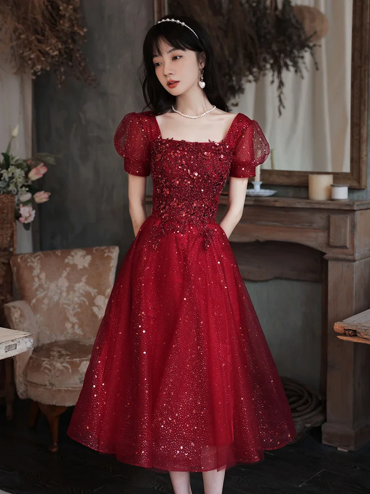 

New Knee-Length Evening Dress for Women Retro Square Collar Sequins Wedding Party Gown Shiny A-Line Banquet Dresses