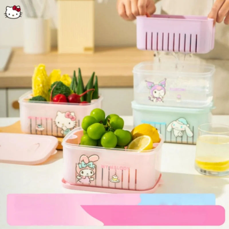 

New Sanrio Hello Kitty Y2K with Lid Drain Freshness Box Cute Cartoon Fruit Bento Box Kulomi Storage Waterproof Box for Home Use