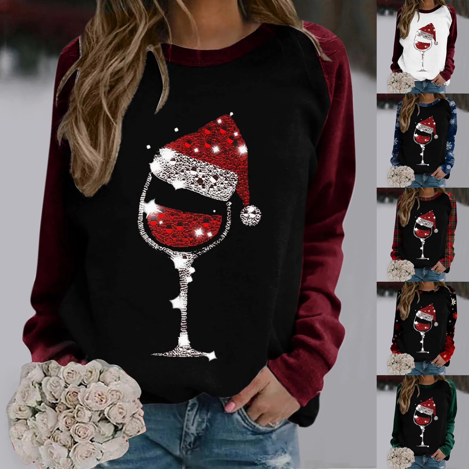 Ladies Christmas Print Casual Sweatshirt Round Neck Long Sleeve Raglan Sweatshirt Top Autumn Winter Leisure Outfit Casual Wear