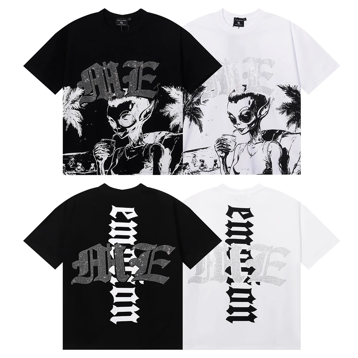 Mixed Emotion American Trendy Brand New Holiday Alien Print Rhinestone Rock Summer Pure Cotton Short Sleeve T-Shirt