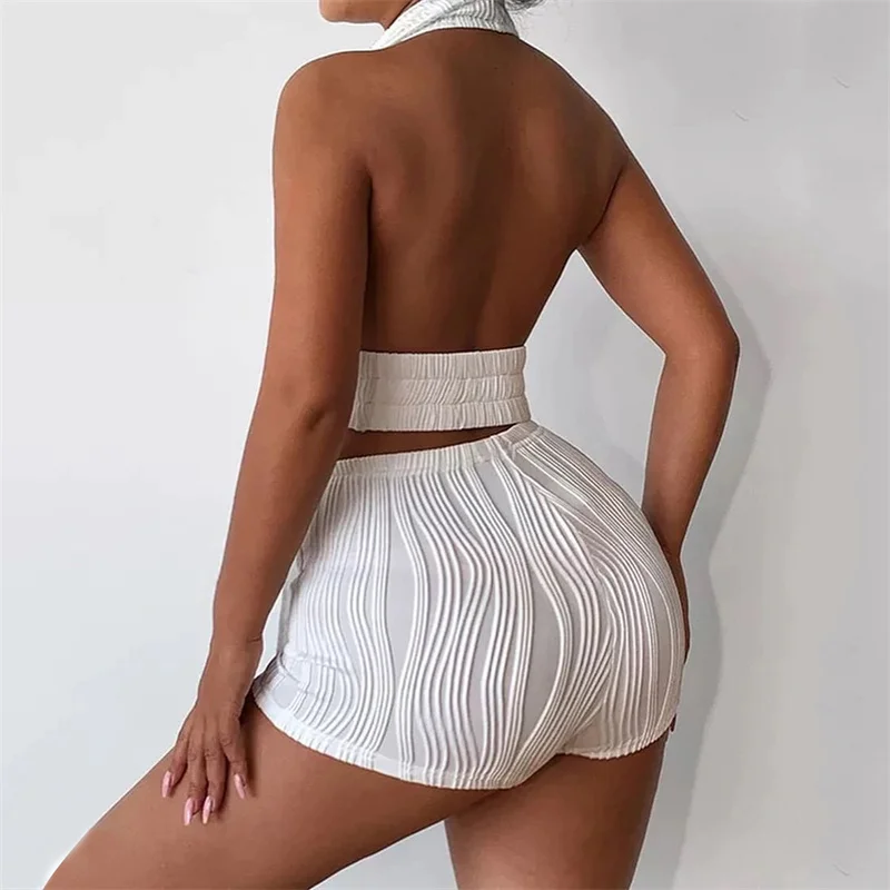 Znaiml Sexy Halter Backless V-neck Y2K Top and Shorts Rave Night Club Conjuntos Curtos Party Two Piece Set for Women Outfit 2023