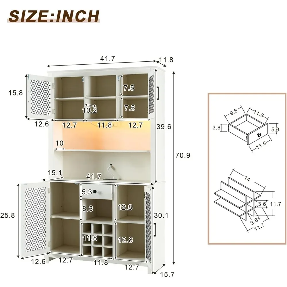 Armoire à vin avec lumière LED et sorties, étagère de rangement pour bouteille de vin T1, verre à vin T1, meuble de bar rustique, 70 po