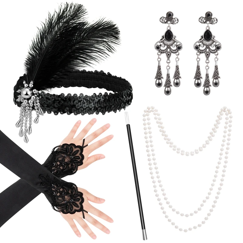 5Pcs/Set 1920's Cosplay Flapper Halloween Charleston Costume 1920s Gatsby Accessories Black Headpiece Feather Headband Party DIY