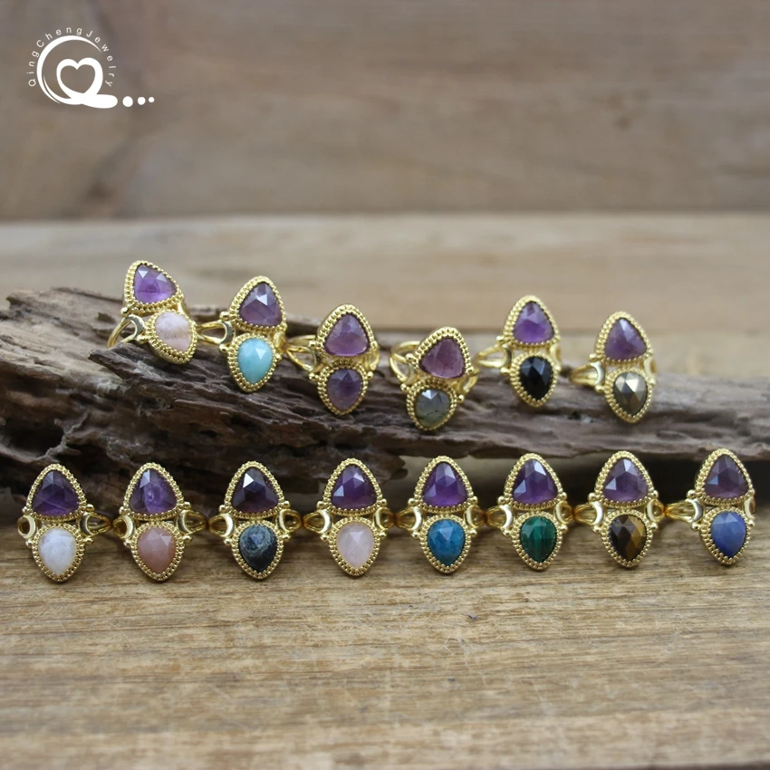 Double Stone Drop Adjustable Rings Faceted Amethysts Amazonite Labradorite Quartz Finger Ring Women Fashion Boho Jewelry,QC4206