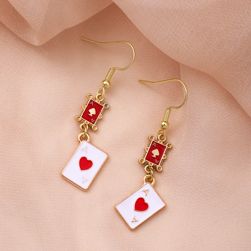 Creative Playing Cards Red Peach A Earrings Personality Asymmetric Peach Heart Drop Earrings  Metal Enamel Drip Oil Love Earring