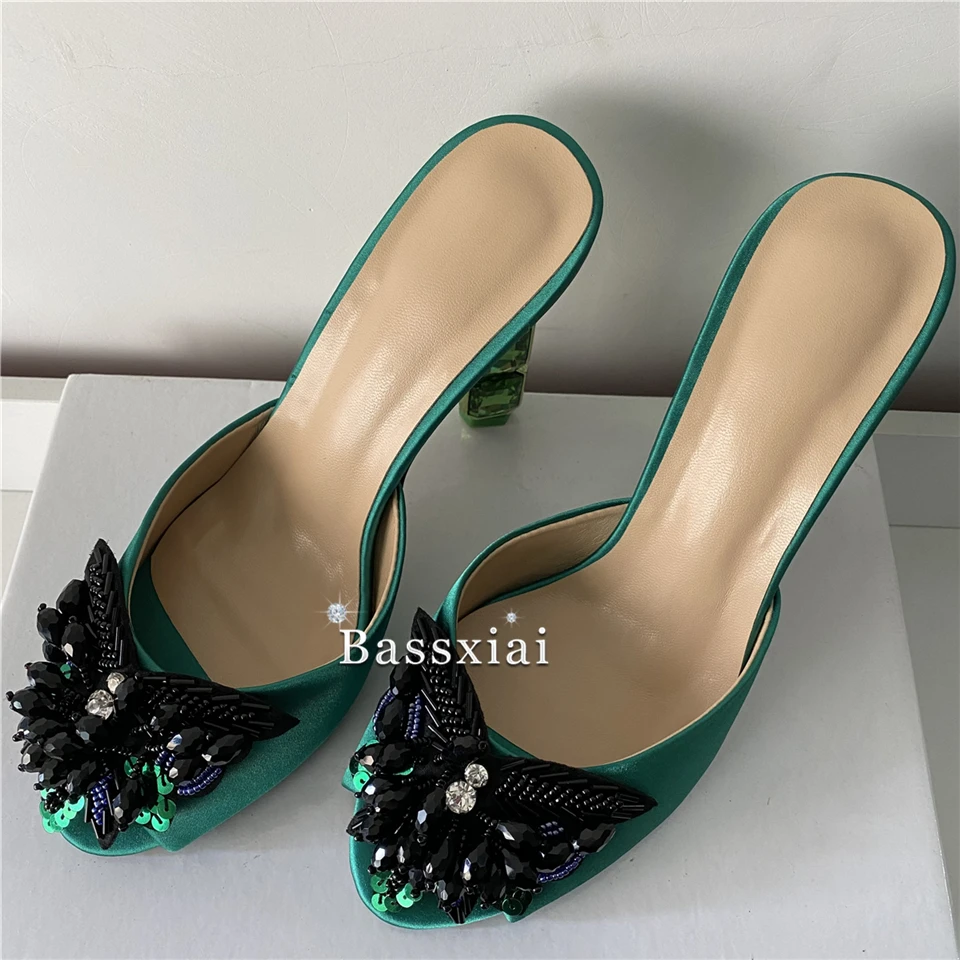 Crystal Sequins Beads Butterfly-Flower Sandals Women Luxury Satin Slingbacks Diamond Rhinestone Strange Heel Summer Mules