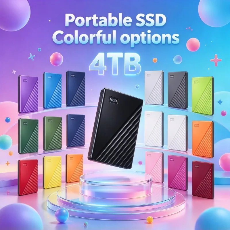 SSD portátil de 4 TB, unidade de estado sólido externa de alta velocidade, com design em formato de faixa diagonal e disponível em várias cores, para portátil, computador de mesa e telemóvel.