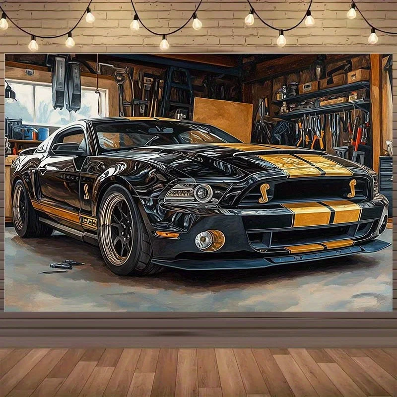 Vintage Garage Wall Tapestry-Classic Muscle Car Theme Yellow & Black Racing Stripe Home Decor Tapestry Multiple Sizes