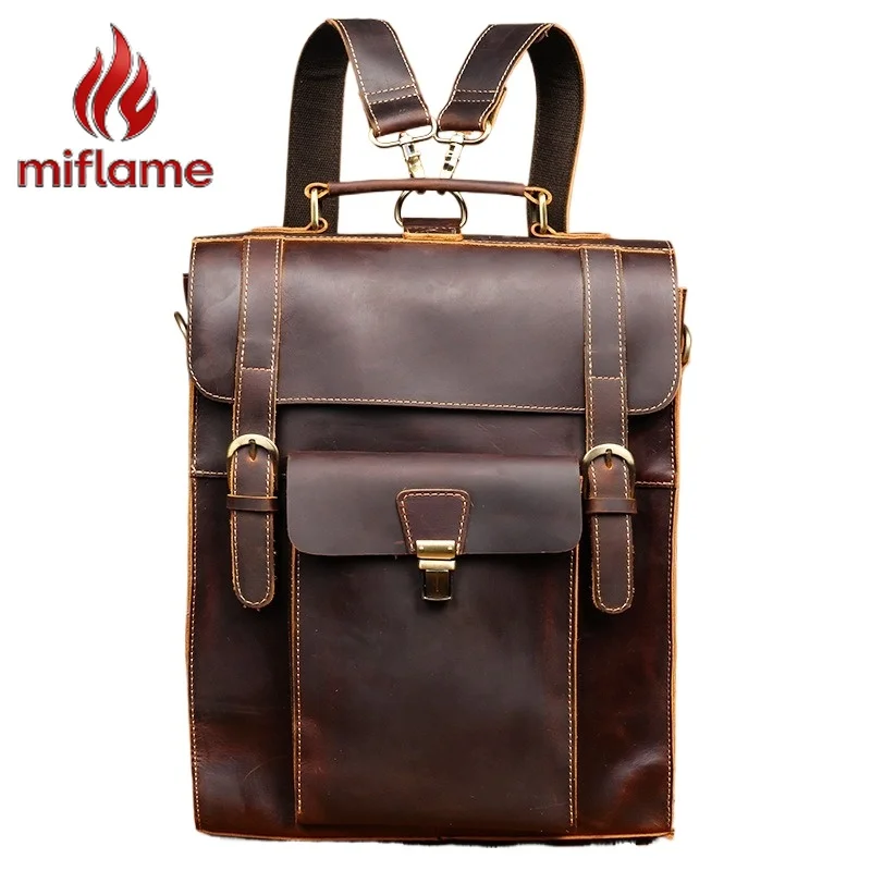 

Vintage Cowhide Genuine Leather Backpack 2-in-1 Convertible Flap Large Capacity Travel School Shoulder Bag for Men Women