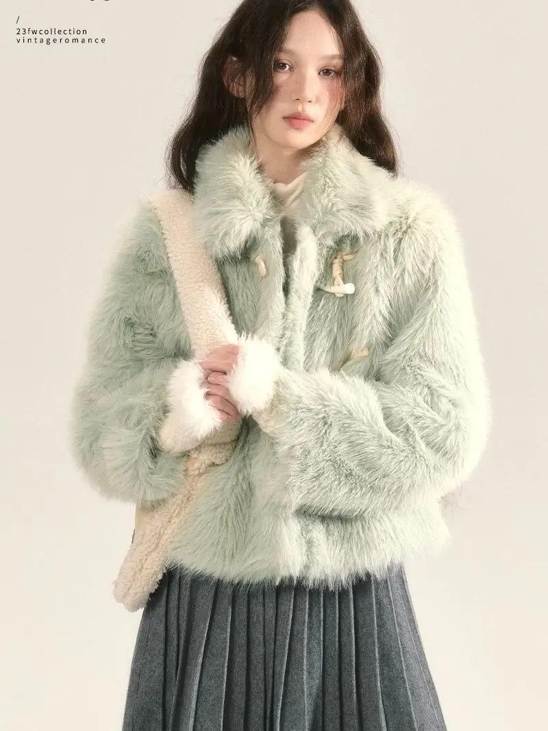 Coat With High-End Lapel And Horn Button Design Faux Fur Coat Green Korean Style Short Autumn And Winter Coat