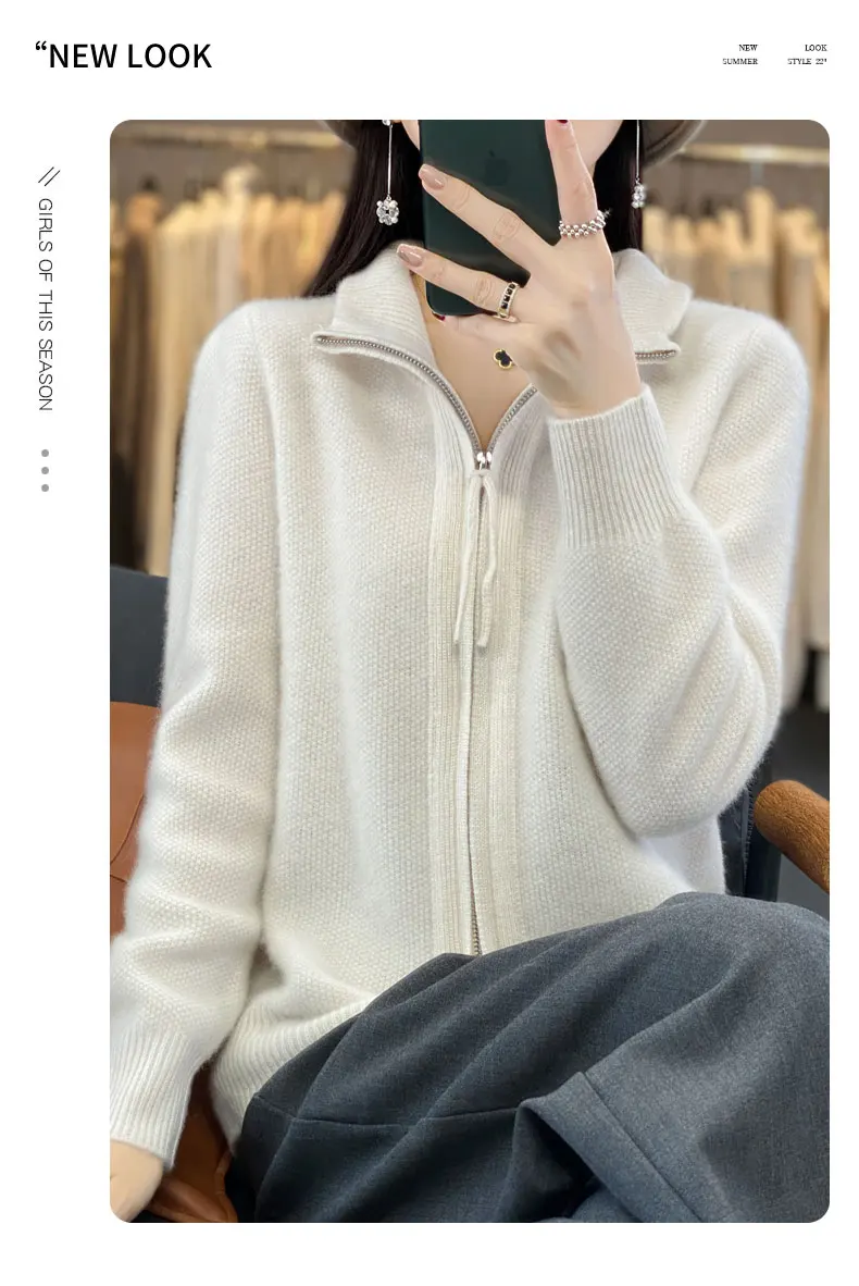 Autumn And Winter New Thick Two-Way Zipper Wool Cardigan Women's Loose Casual Sweater Solid Color Knitted Cashmere Coat