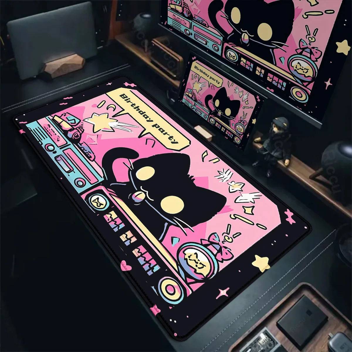 XXL Black Cat Kawaii Gamer Mouse Pad 400x900mm Locking Edge Keyboard Desk Mat Gaming Accessories Pink Cute Cloud Tapis De Souris