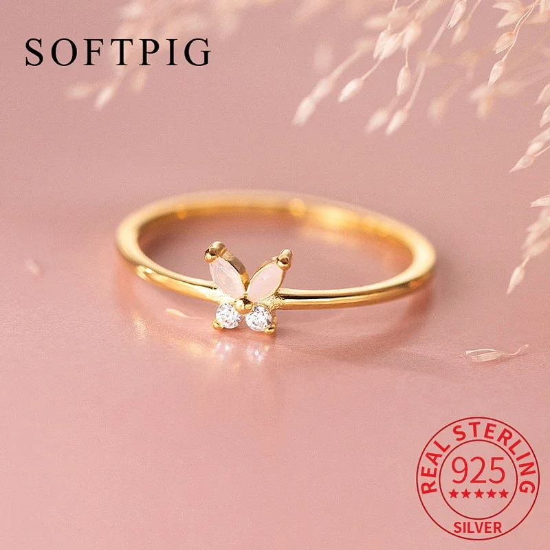 SOFTPIG Real 925 Sterling Silver Zircon Butterfly  Adjustable Ring For Charming Women Cute Fine Jewelry Minimalist Accessories