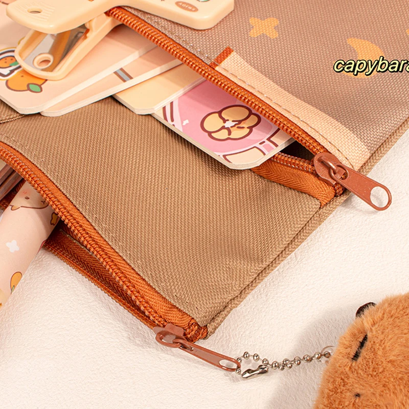 Tas Tutorial Capybara Kanvas Kartun Kapasitas Besar dengan Ritsleting Tas File Paket Sekolah Perlengkapan Kantor Sekolah Siswa