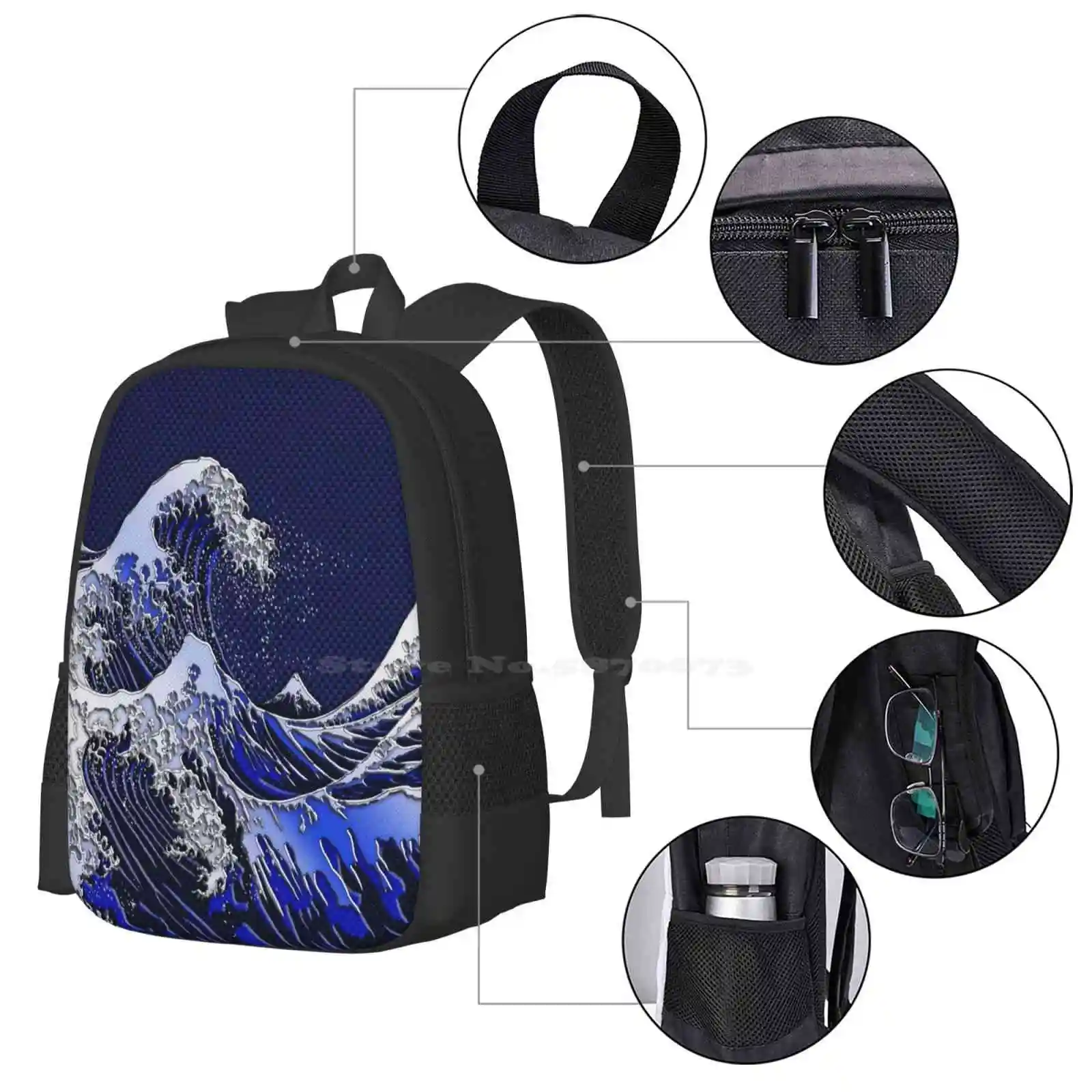 The Great Hokusai Wave Chrome Carbon Fiber Styles Hot Sale Backpack Fashion Bags Hokusai Japanese Chrome Carbon Fiber Navy Blue