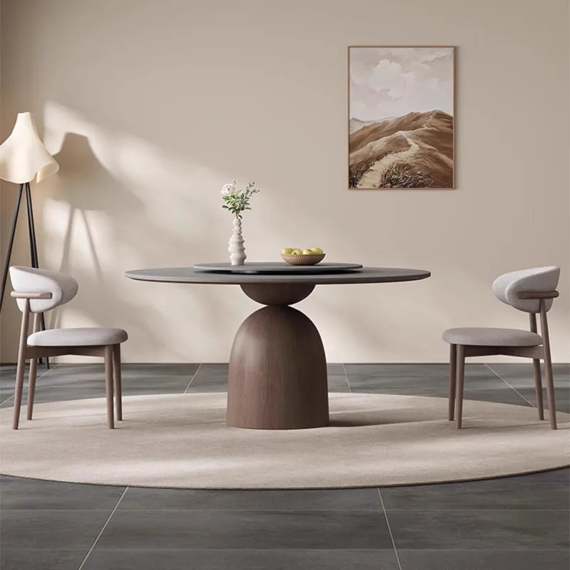 

Nordic Solid Wood Rock Plate Round Dining Table With Turntable Modern Simple Home Table Wabi-Sabi Vintage Round Table