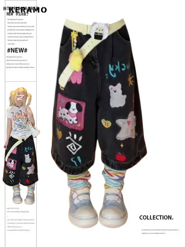 

Sweet Y2K Eclectic Calf Length Denim Trouser Grunge 2000s Street Cartoon Print Jeans Women Vintage Casual Trashy Emo Pants