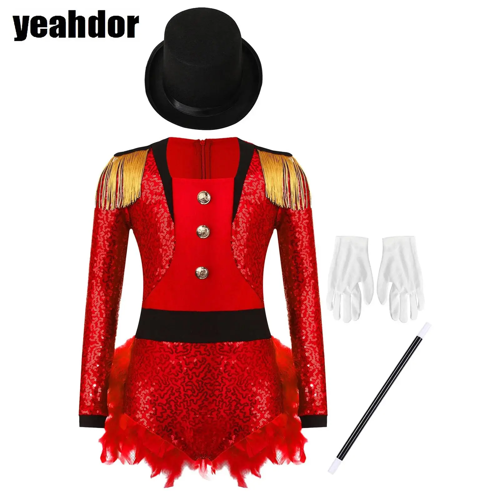 

Girls Sequin Circus Costume Halloween Ringmaster Bodysuit Shoulder Tassels Long Sleeve Feather Jumpsuit Hat Gloves Magic Wand