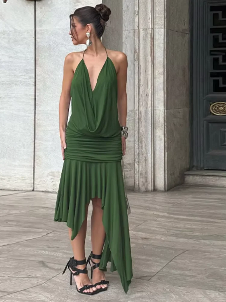 

Chic Green Ruffle Sling Dress For Women New Swing Collar Backless Off Shoulder Irregular Loose Halter Robe Vacation Beachwear