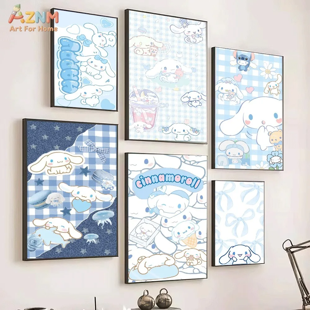 AZNM Light Blue Gingham Cinnamoroll Canvas Wall Art Unframed Poster Sweet Bow Jellyfish Ice Cream Cartoon Print Girls Bedroom