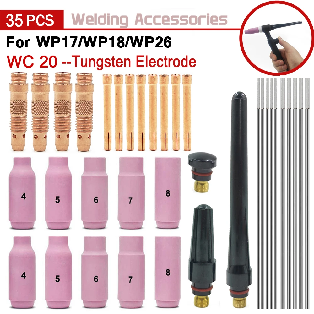 35PCS TIG Welding Torch Consumable 1.6mm/2.4mm Collect Bodies Gas Nozzles Back Cap For WP17/18/26 Tungsten Electrode WC20