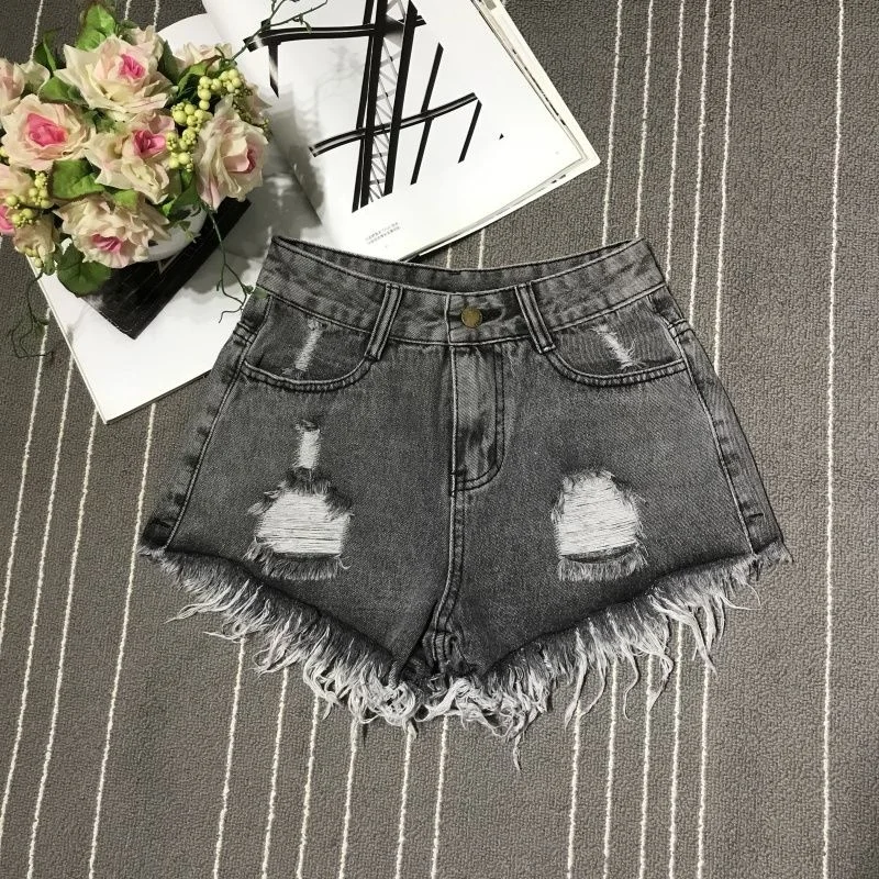 New High Waist Tassel Broken Denim Shorts Female Summer Korean Version Raw Edge Wide Leg Loose Plus Size Jean Shorts Women