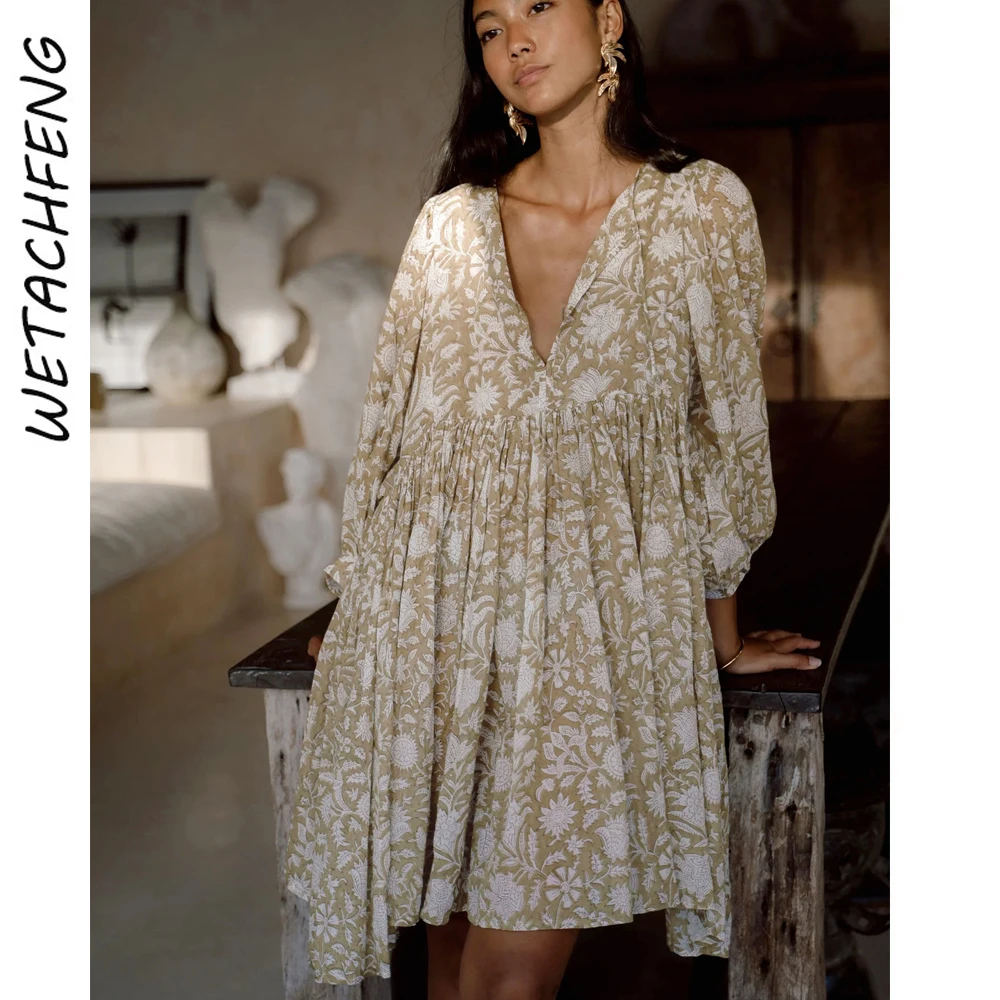 

Loose Women's Dress Vintage Floral Beach Bohemian Casual Holiday Party Mini Dress 2024 Summer Fashion Lantern Sleeve V Neck Robe