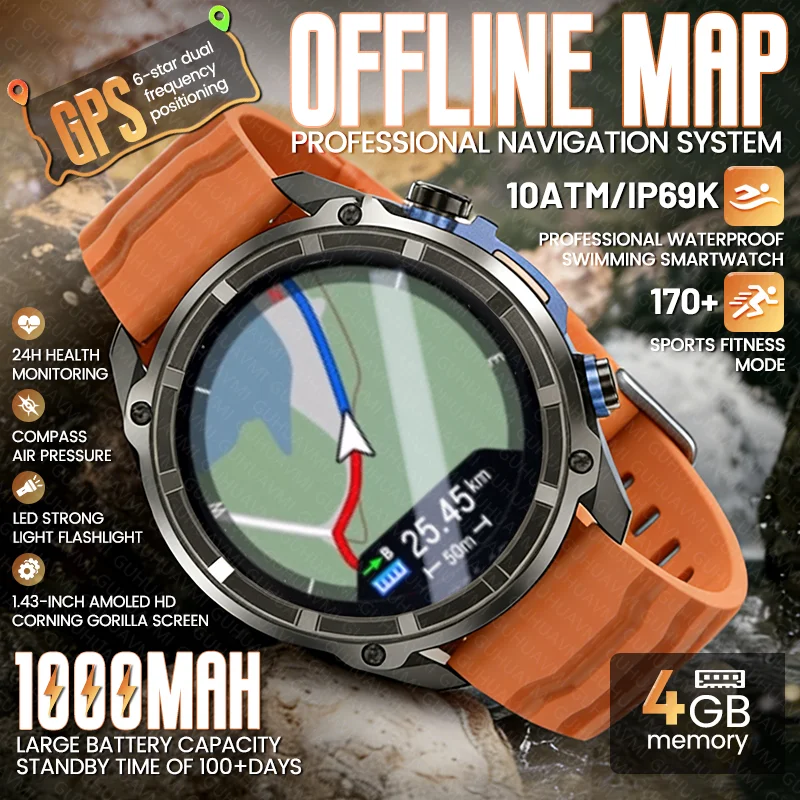 2026 New GPS Offline Map Smart Watch Outdoor Men Altimeter 1000mAh Battery 10ATM Waterproof BT Call 4GB Memory Sports Smartwatch
