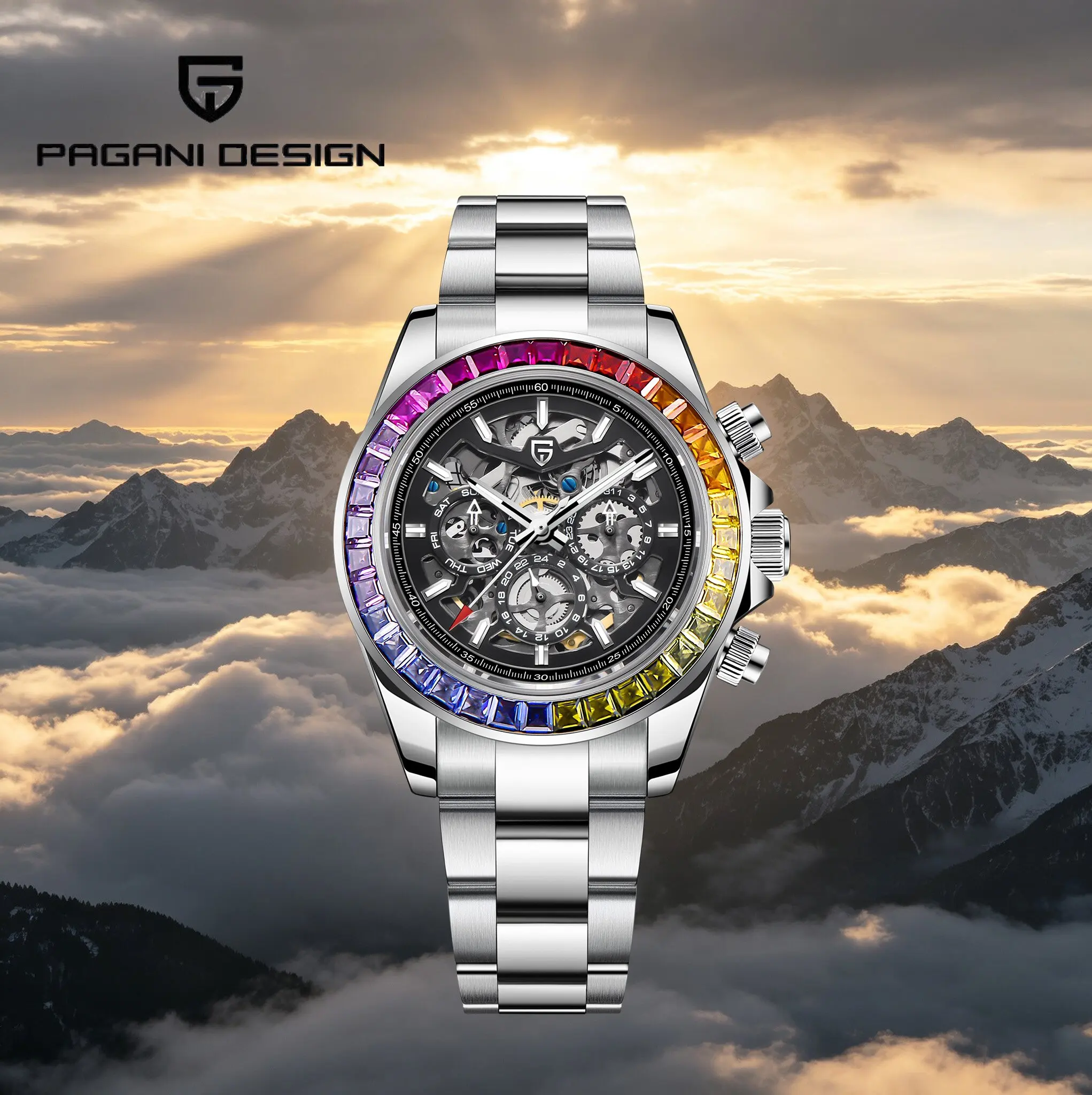 PAGANI DESIGN Heavy-Duty Premium Mens Automatic Mechanical Watch Luxury & Cool Rainbow Circle Skeleton Dial Stainless Dive Watch