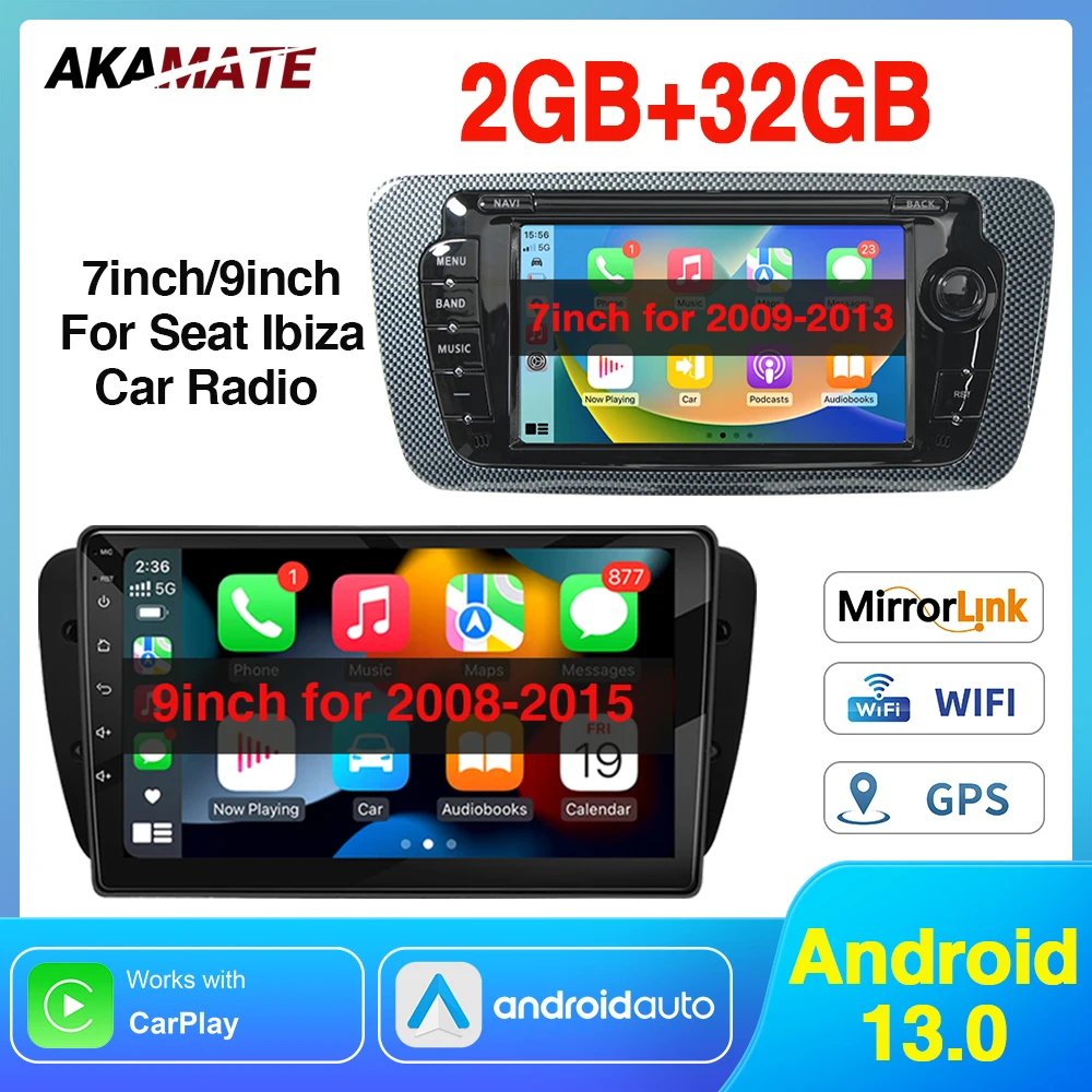 Car Radio for Seat Ibiza CarPlay Android Auto GPS Navigation Multimedia Bluetooth 2GB+32GB 7inch 2009-2013 for 9inch 2008-2015