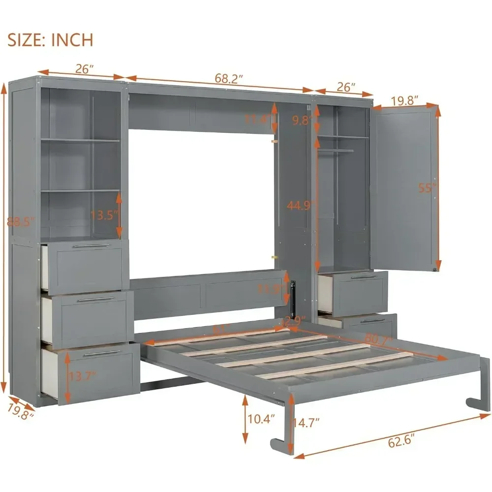 Cama Murphy Queen Size Harper & Bright Designs com armário, cama de parede com gavetas e prateleiras, cinza