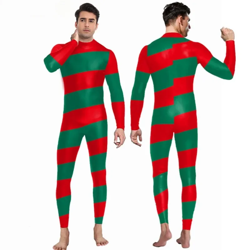 Adult Christmas Dance Costume Candy Cane Santa Claus Stripe Digital Print Romper Performance Party Jumpsuits Zentai Bodysuits