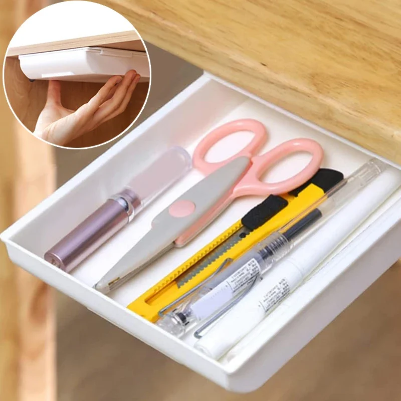 

Hidden Hanging Storage Organizer Cupboard Drawer Storage Box Under Table Self-Adhesive Drawer Sundries Cosmetic Organizer Case