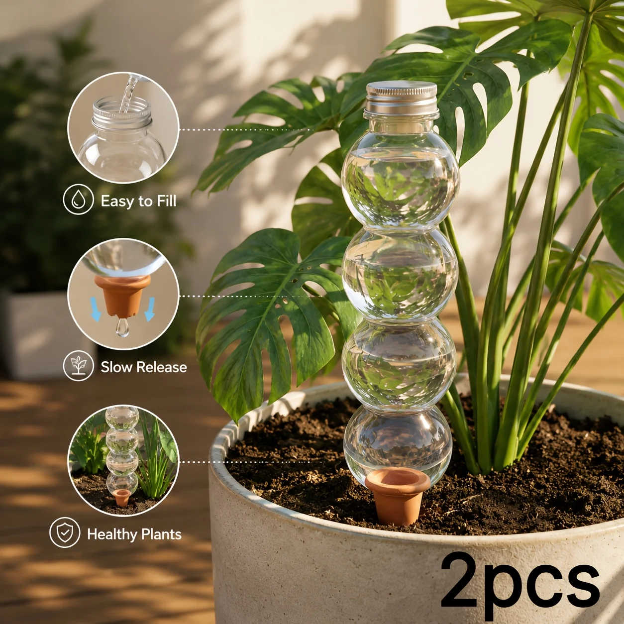 2Pcs Large Capacity Self-Watering Globes, Terracotta Clay Head Slow Release Drip Spikes for Indoor Outdoor Plants Travel Care