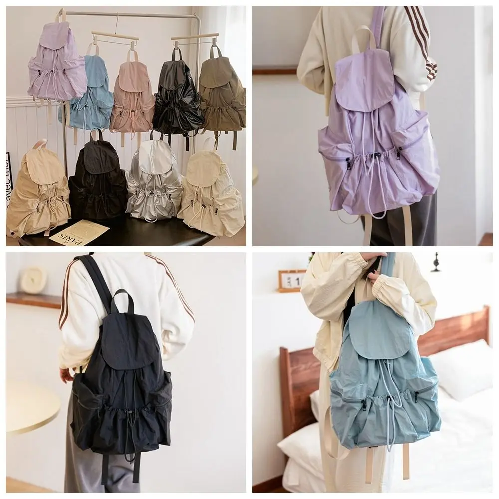 Casual Korean Style Drawstring Backpack Large Capacity Fold Light Soft Nylon Bag Solid Color Book Bag Shoulder Bag Travel