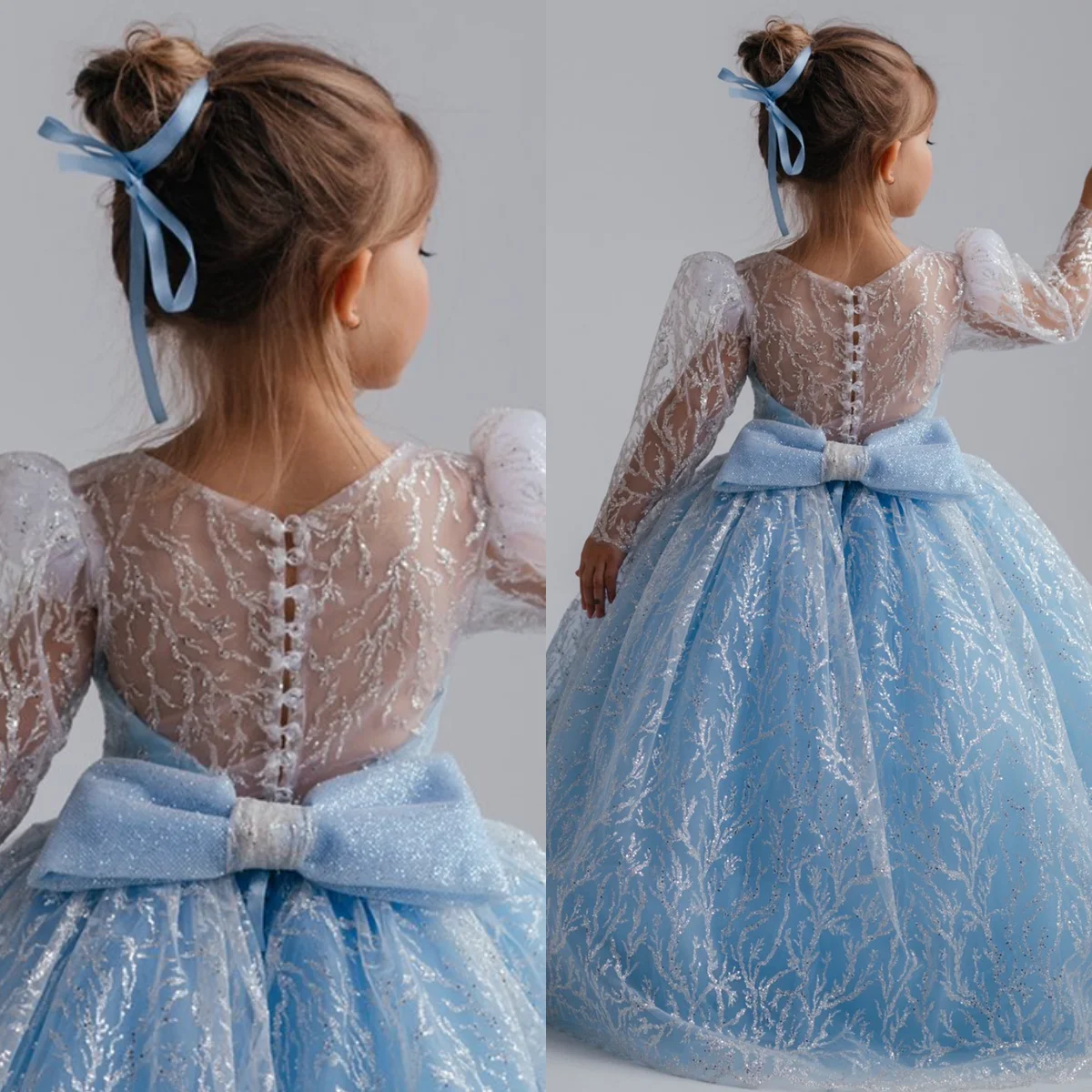 

Long Sleeve Flower Girl Dresses for Wedding Blue Toddler Girl's Birthday Gowns Customized Baby Bow Back Outfit Dress
