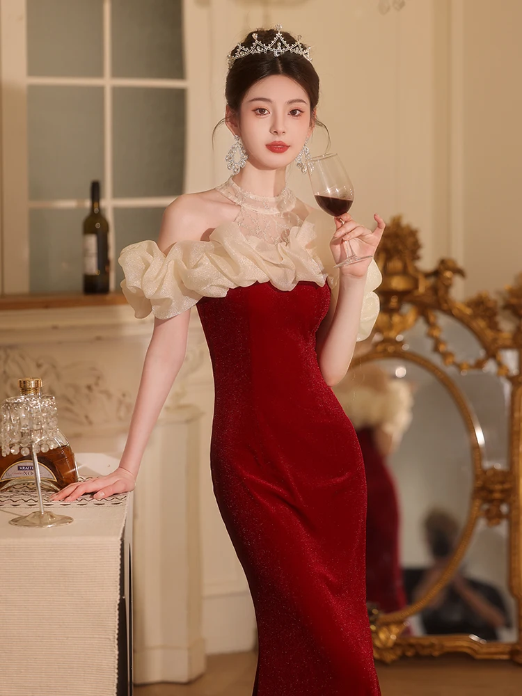 

Red Wedding Dr One oulder Fi Tail Evening Gown for Women Engagement Par High-End Sensation Ele Long Skirt