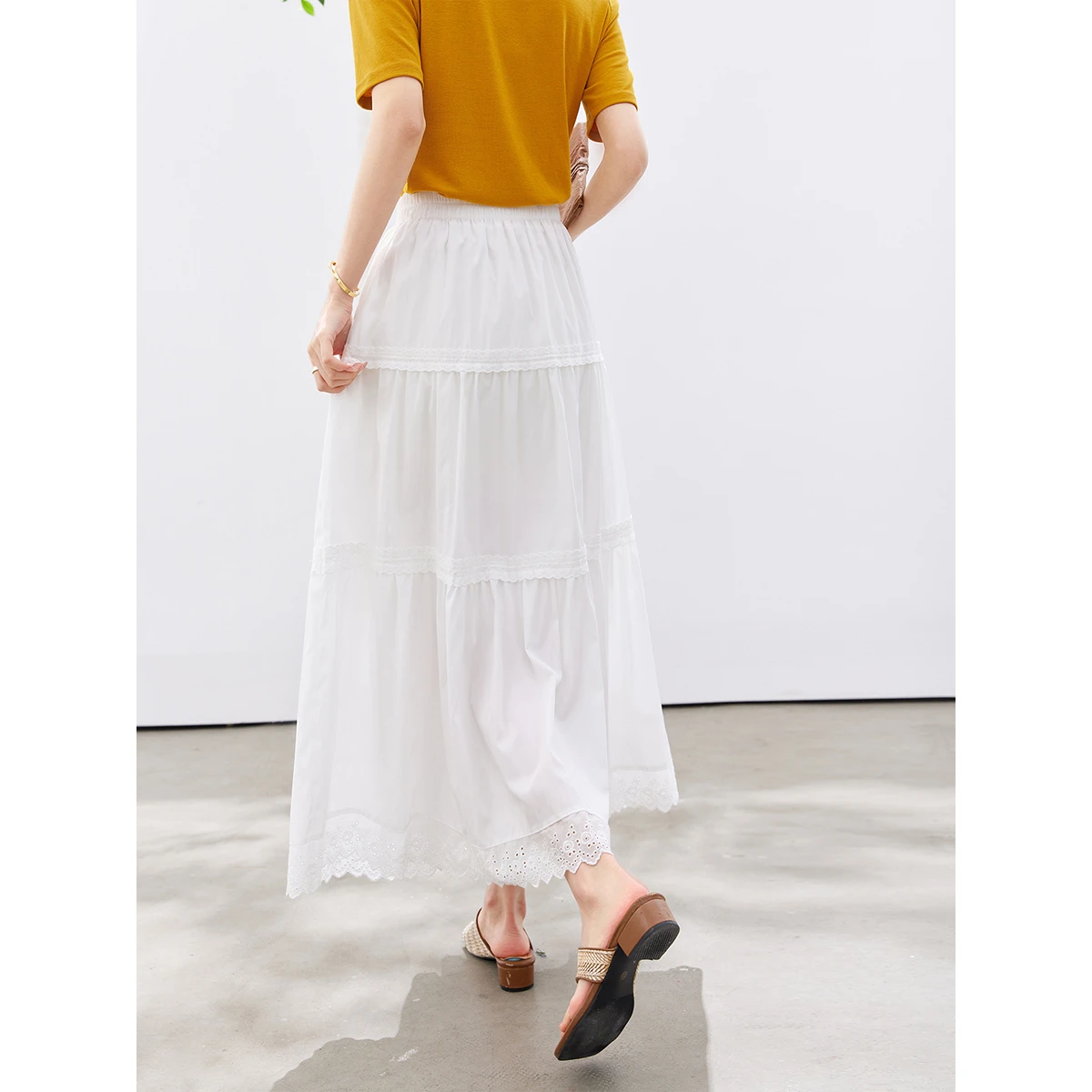VIMLY Women's Lace Trim Patch A-Line Skirt 2026 Summer New Cut Out Embroidery Hem Elastic Waist Loose Versatile Maxi Skirt 30887