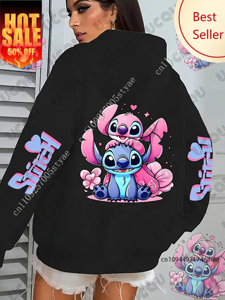 

2026 Autumn Winter Disney Stitch Angel Cute Cartoon Print Cotton Hoodies For Women Long Sleeve Sweatshirt Casual Couples Tops
