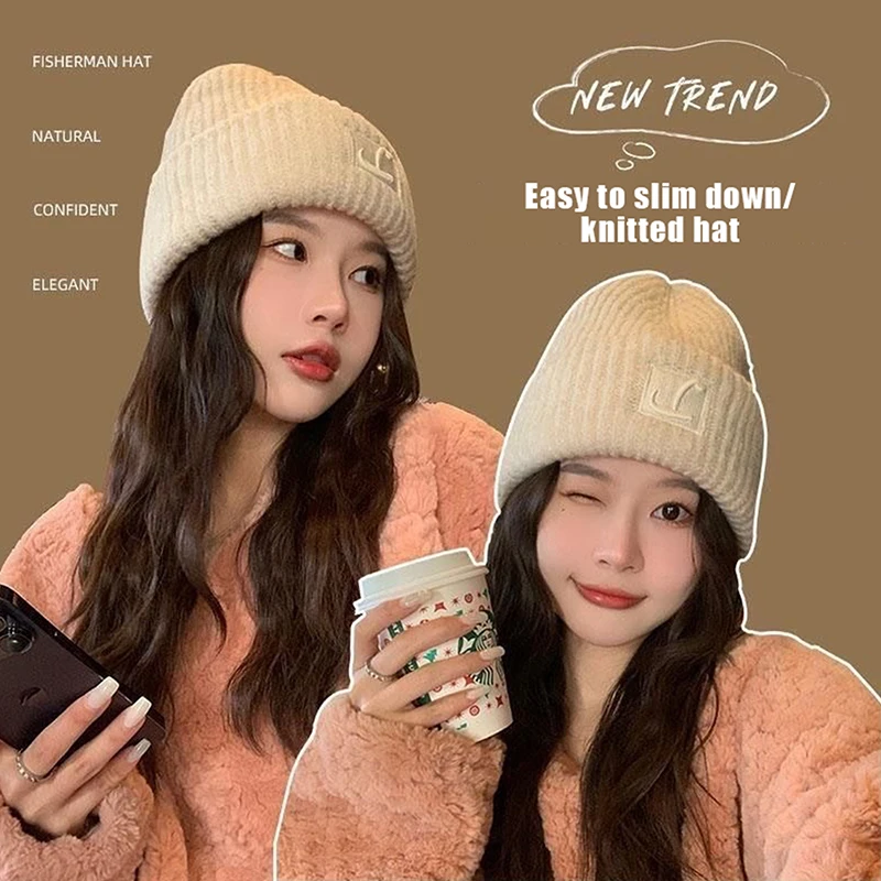 Outdoor Beanies For Women Warm Ear Protection Pullover Solid Color Woolen Crochet Bonnet Anti-cold Winter Knitted Hat 1PC