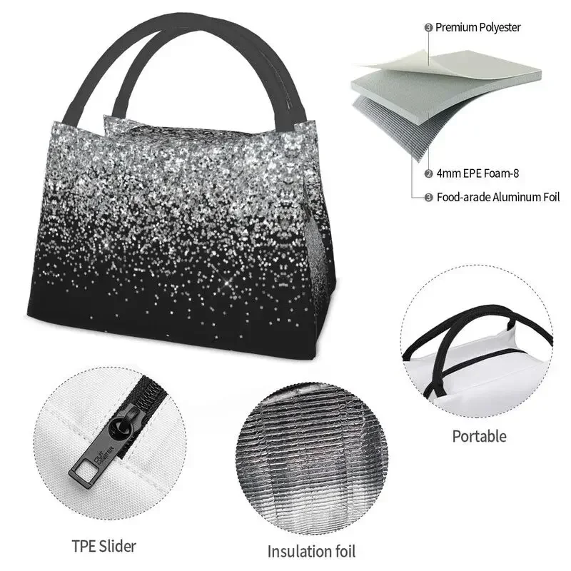 Borsa tote per il pranzo isolata scintillante di lusso con glitter argento per le donne Borsa termica portatile per il pranzo al sacco da lavoro