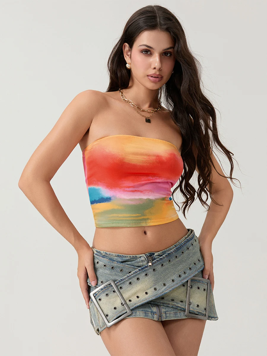 Women s Floral Print Off Shoulder Crop Tops Sexy Strapless Tube Tops Summer Bandeau Tank Tops Backless Chest Wrap Blouse