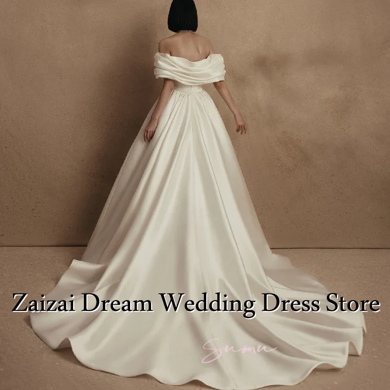 Suknie ślubne z satyny z odkrytymi ramionami, fason A-line, tren zamiatający, suknie ślubne Vestidos De Noiva