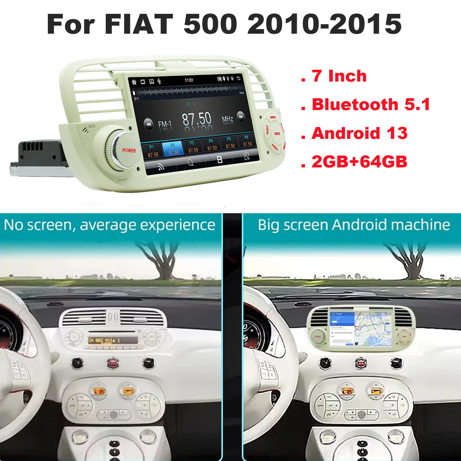 7 بوصة بلوتوث 5.1 سيارة نافي لشركة فيات 500 2010-2015 أندرويد 13 لاعب أندرويد مسجل قيادة تلقائي ستيريو 2 + 64 جيجابايت بيج #1