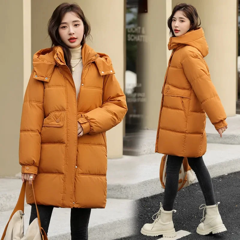 New Winter Women Medium Long Jacket Parkas Female Down Cotton Jackets Solid Hooded Casual Warm Parka Female Outwear Overcoat