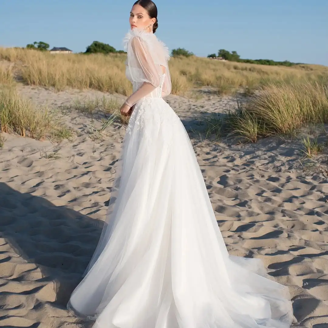 Customized Romantic Beach Boho White Wedding Dress Featuring High Neck Sheer Tulle Bow Tie Collar, Detachable Puff Short Sleeves