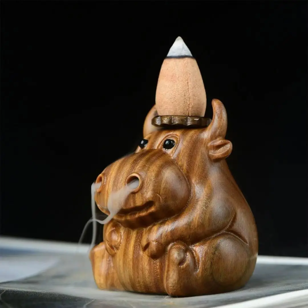 Chinese Style Feng Shui Lucky Auspicious Wealth Attracting Hand Carved Wooden Cute Ox Backflow Incense Burner Holder Small 5.5cm